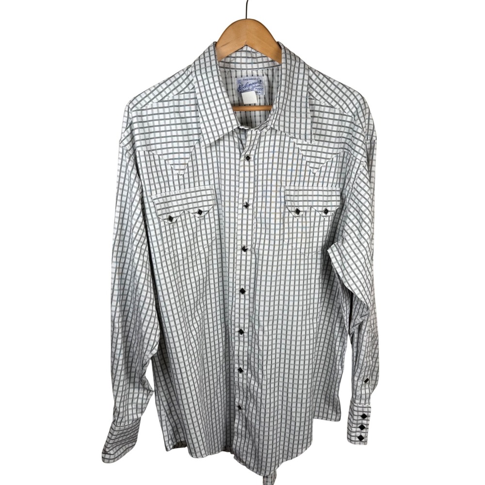 Rockmount Ranch Wear Western Shirt Mens XL White Black Grid Diamond Pearl Snap
